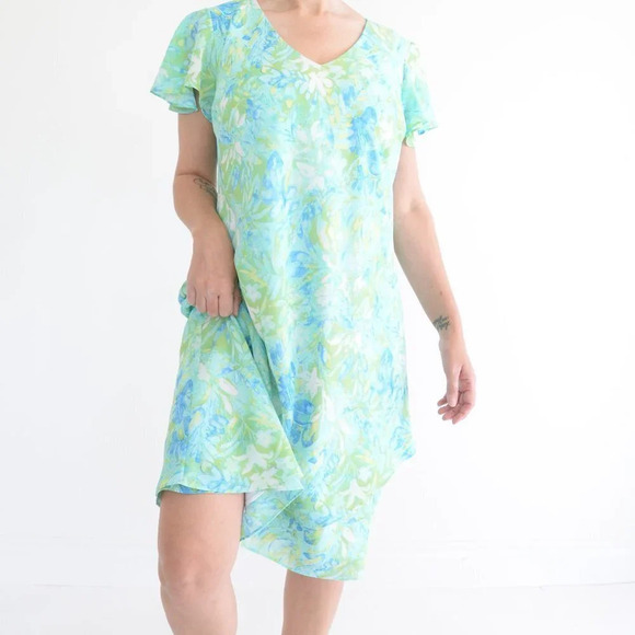 Vintage Soft Works Green and Blue  Floral Sun Dress Size 14 - Picture 3 of 13